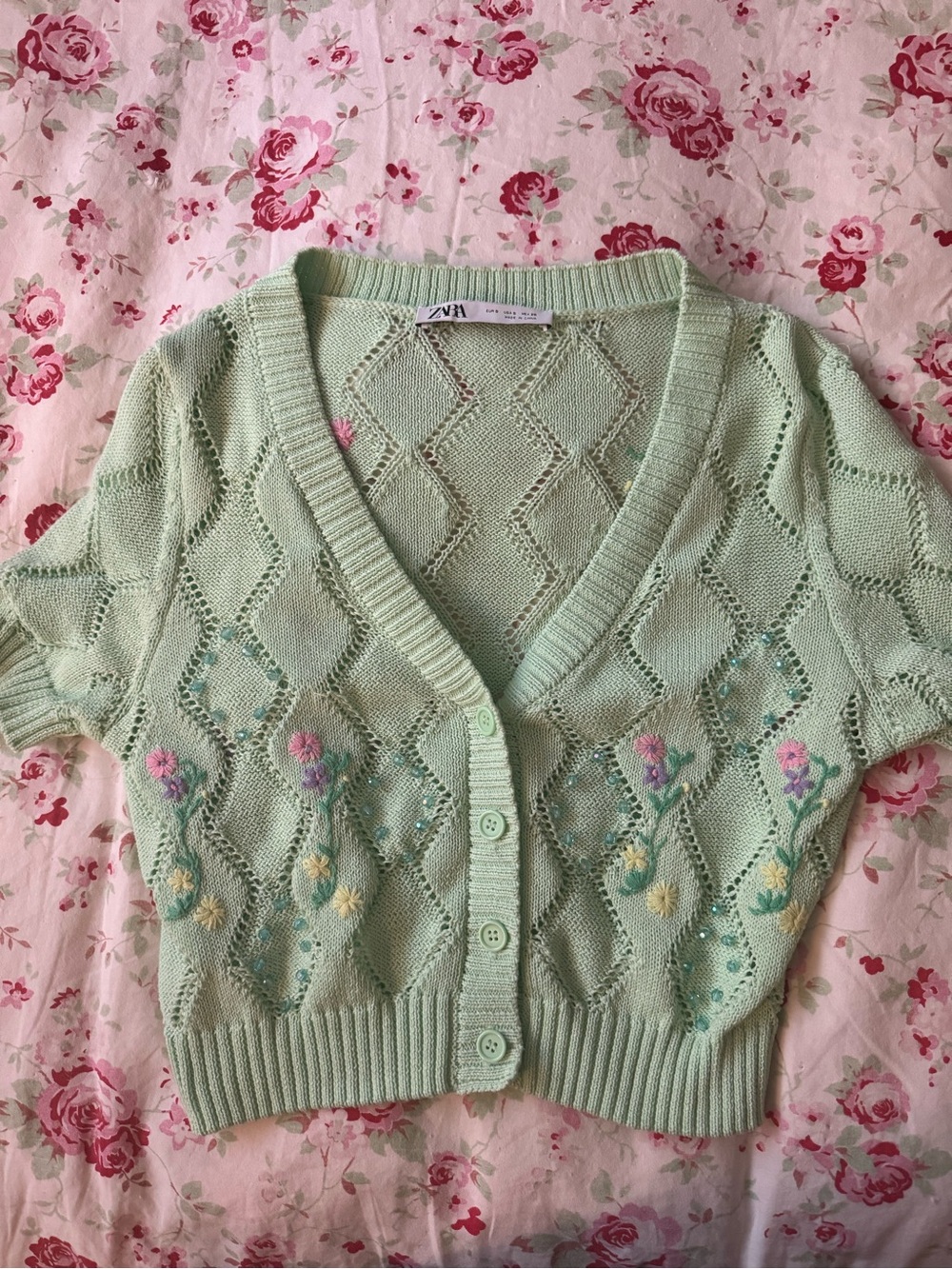 Zara Mint Green Openwork Floral Knit Cardigan